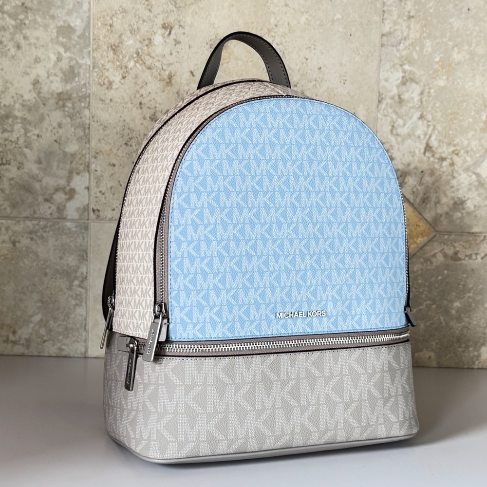 Michael Kors Rhea MD Backpack MK Color-Block Light Sky Multi - Picture 3 of 13